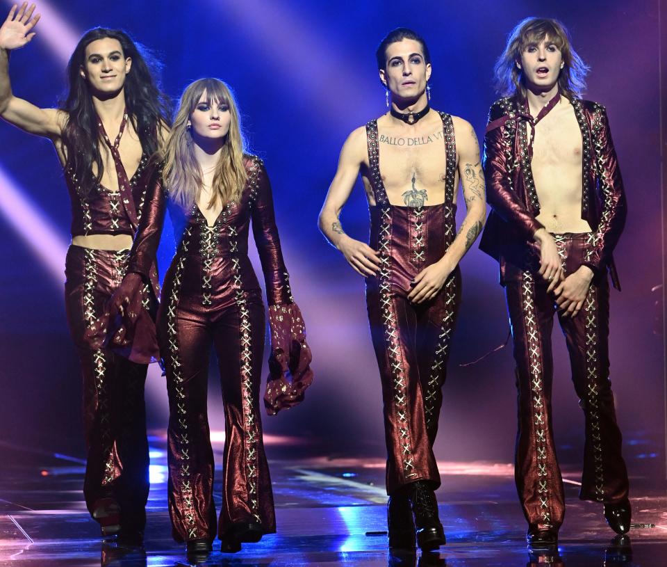 Maneskin perform at the 2021 Eurovision Song Contest.