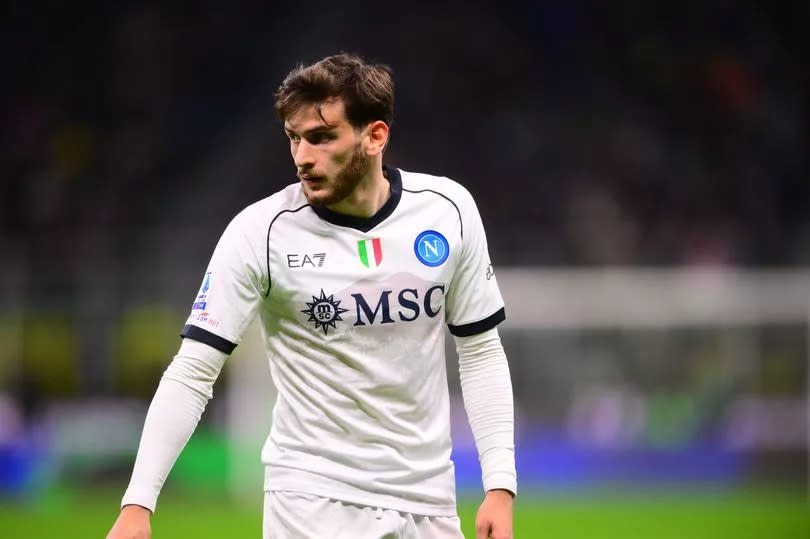 Khvicha Kvaratskhelia of SSC Napoli look on during the Serie A TIM match between FC Internazionale and SSC Napoli at Stadio Giuseppe Meazza on March 17, 2024 in Milan, Italy.