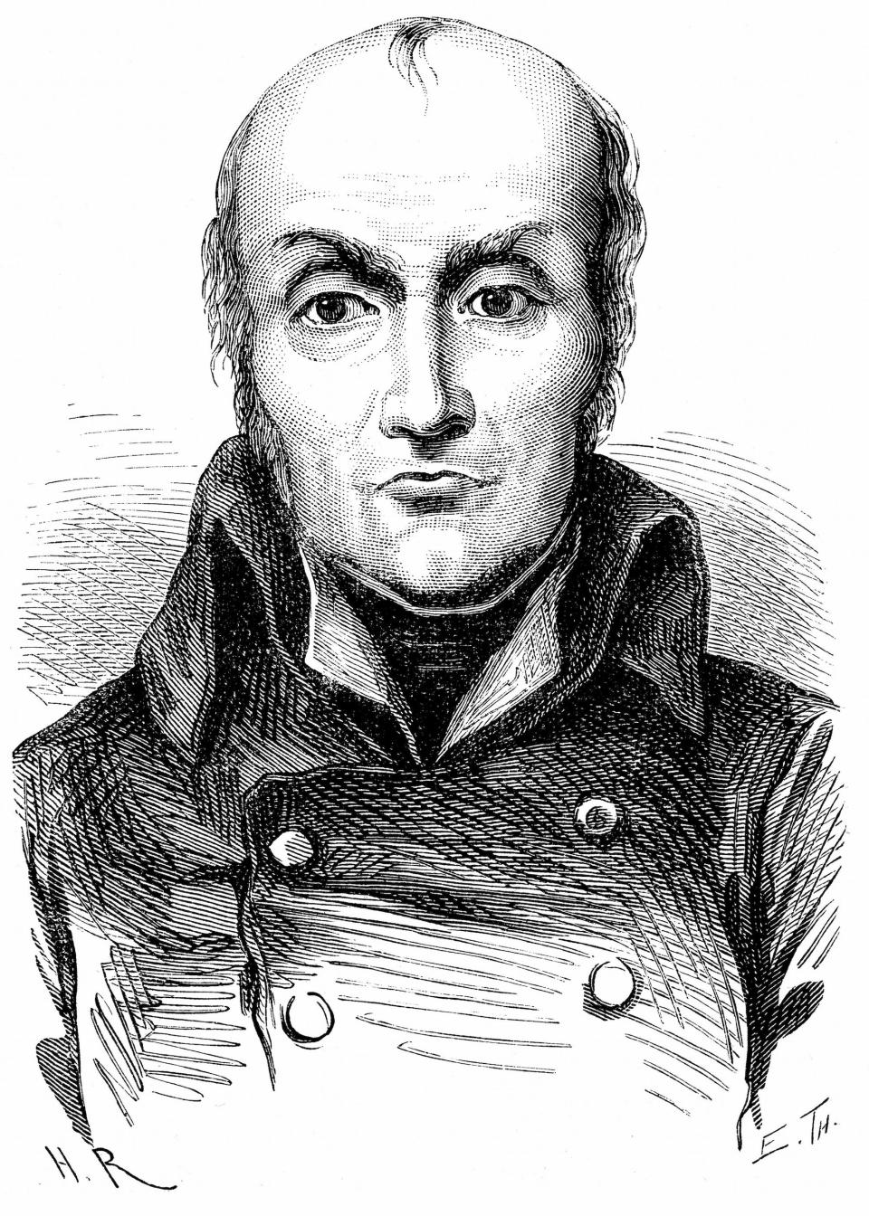 An engraving of Nicolas Appert from the shoulders up wearing a high-collared coat with buttons