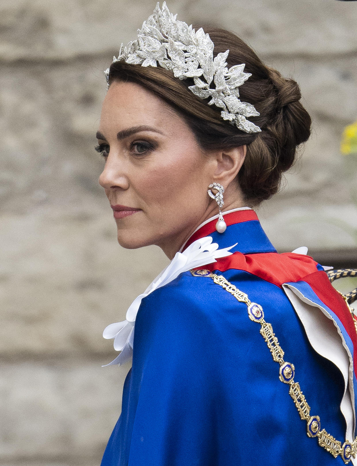 Catherine, Princess of Wales wears Princess Diana&#39;s pearl and diamond earrings. (Photo: Mark Cuthbert/UK Press via Getty Images)