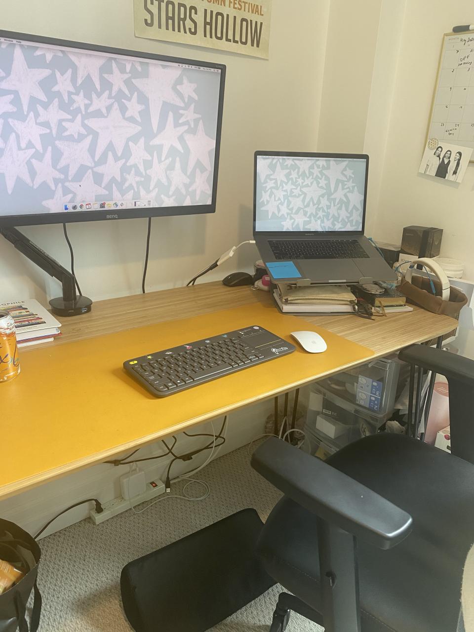 My home office setup includes ergonomic updates like an elevated monitor and foam footrest.