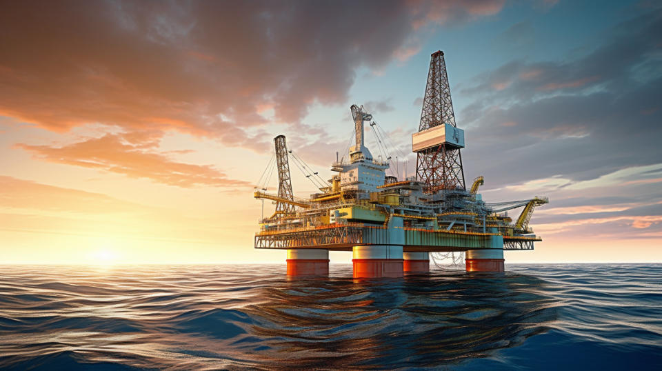 A modern offshore drilling vessel navigating the seas with equipment mounted on its decks.