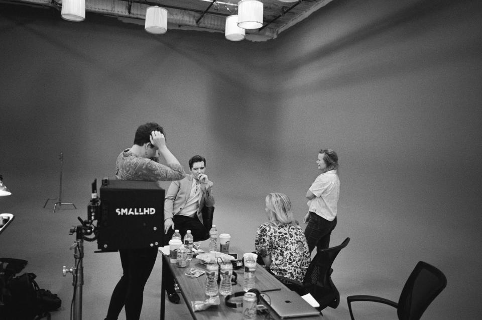 Robertson and Schwartz on set with *Business Insider* reporter Kate Taylor and Drake Bell, image taken by *Quiet on Set* DP Victor Tadeshi Suarez.