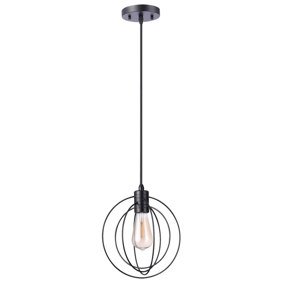 Image of GE Household Lighting Industrial 1 Light Fixture Matte Black Round Pendant Light against white background.