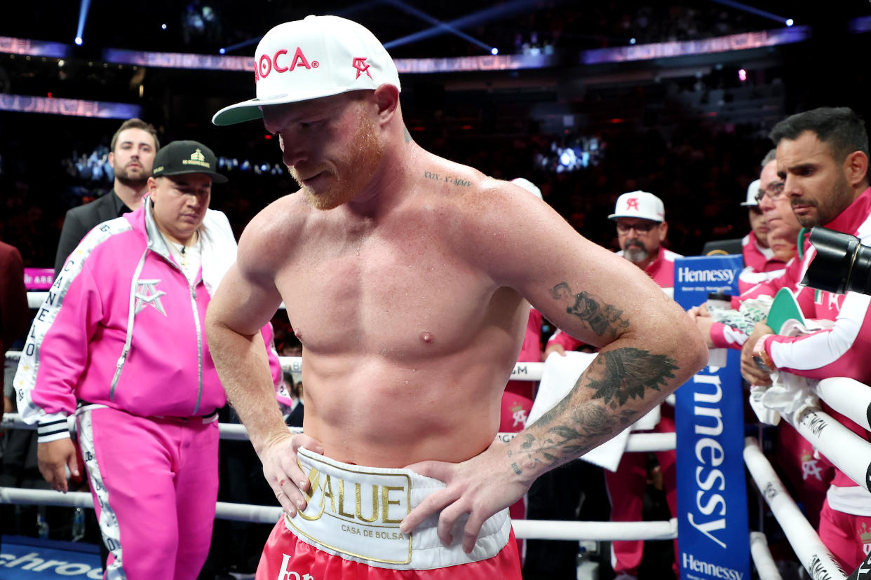 LAS VEGAS, NEVADA - MAY 07: Canelo Alvarez reacts after the WBA light heavyweight title fight against Dmitry Bivol at T-Mobile Arena on May 07, 2022 in Las Vegas, Nevada. Bivol retained his title by unanimous decision. (Photo by Al Bello/Getty Images)