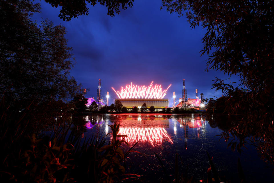 BIRMINGHAM, ENGLAND - JULY 28: Fireworks are seen during the Opening Ceremony of the Birmingham 2022 Commonwealth Games at Alexander Stadium on July 28, 2022 on the Birmingham, England. (Photo by Matthew Lewis/Getty Images)