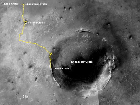 On Mars since January 2004, NASA's Opportunity Mars rover passed the distance of a marathon race in total driving on March 24, 2015.