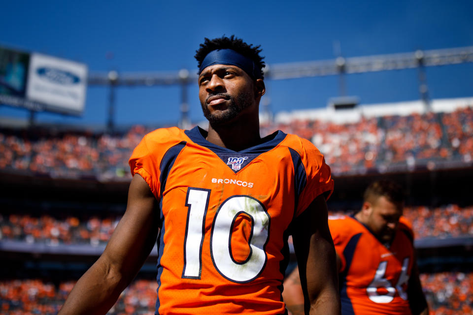 DENVER, CO - SEPTEMBER 29:  Wide receiver Emmanuel Sanders #10 of the Denver Broncos stands on the field against the Jacksonville Jaguars before the game at Empower Field at Mile High on September 29, 2019 in Denver, Colorado. The Jaguars defeated the Broncos 26-24. (Photo by Justin Edmonds/Getty Images)