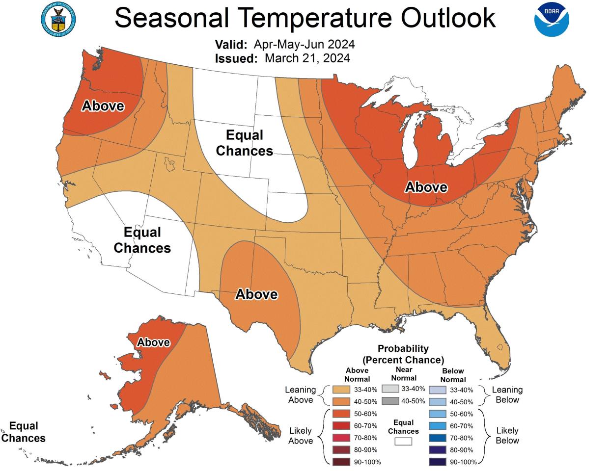 Widespread warmer-than-average temperatures (areas in orange and red) are expected across most of the nation from April-June, federal forecasters announced on March 21.