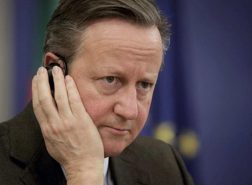 Britain's Foreign Secretary David Cameron attends a news conference at the Council of Ministers headquarters in Sofia, Bulgaria, Wednesday, Feb.14, 2024. Cameron is visiting Bulgaria prior to meeting counterparts at the Munich Security Conference. (AP Photo/Valentina Petrova)