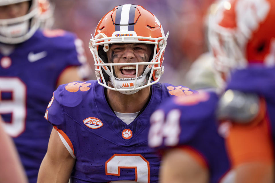 Clemson quarterback Cade Klubnik (2) celebrates after a touchdown during the first half of an NCAA college football game against Georgia Tech, Saturday, Nov. 11, 2023, in Clemson, S.C. (AP Photo/Jacob Kupferman)