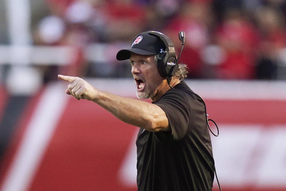 Utah coach Kyle Whittingham reacts to a call