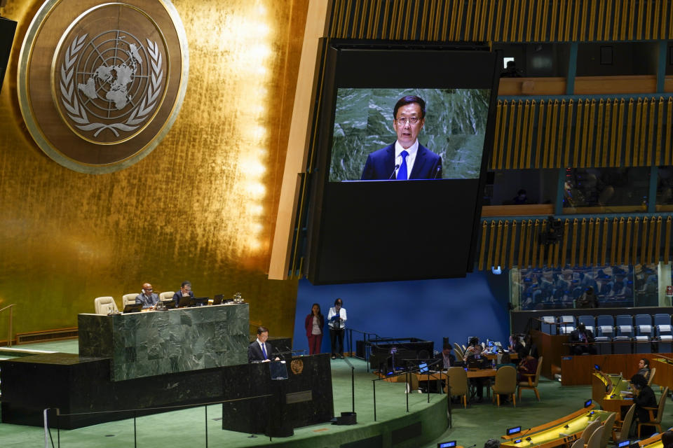 Chinese Vice President Han Zheng addresses the 78th session of the United Nations General Assembly, Thursday, Sept. 21, 2023 at United Nations headquarters. (AP Photo/Mary Altaffer)