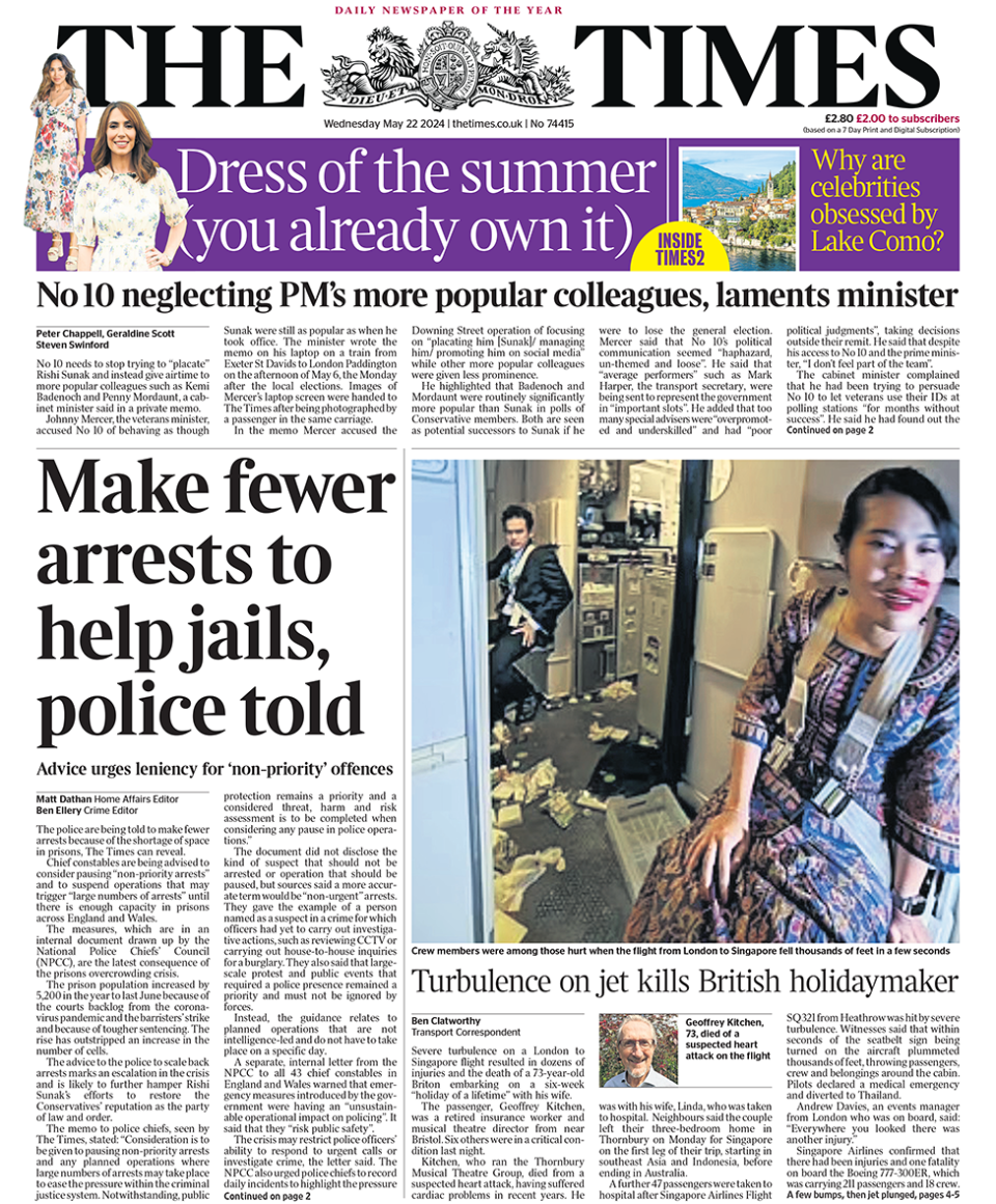 Times headlines "make fewer arrests to help jail, police told"