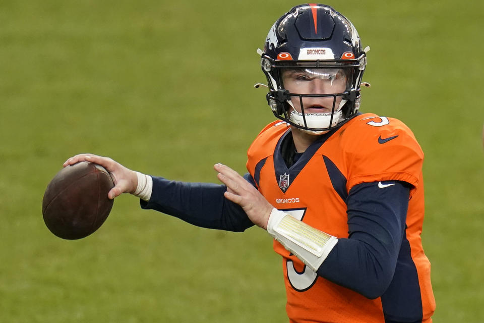 Denver Broncos quarterback Drew Lock (3) throws against the Las Vegas Raiders during the first half of an NFL football game, Sunday, Jan. 3, 2021, in Denver. (AP Photo/Jack Dempsey)