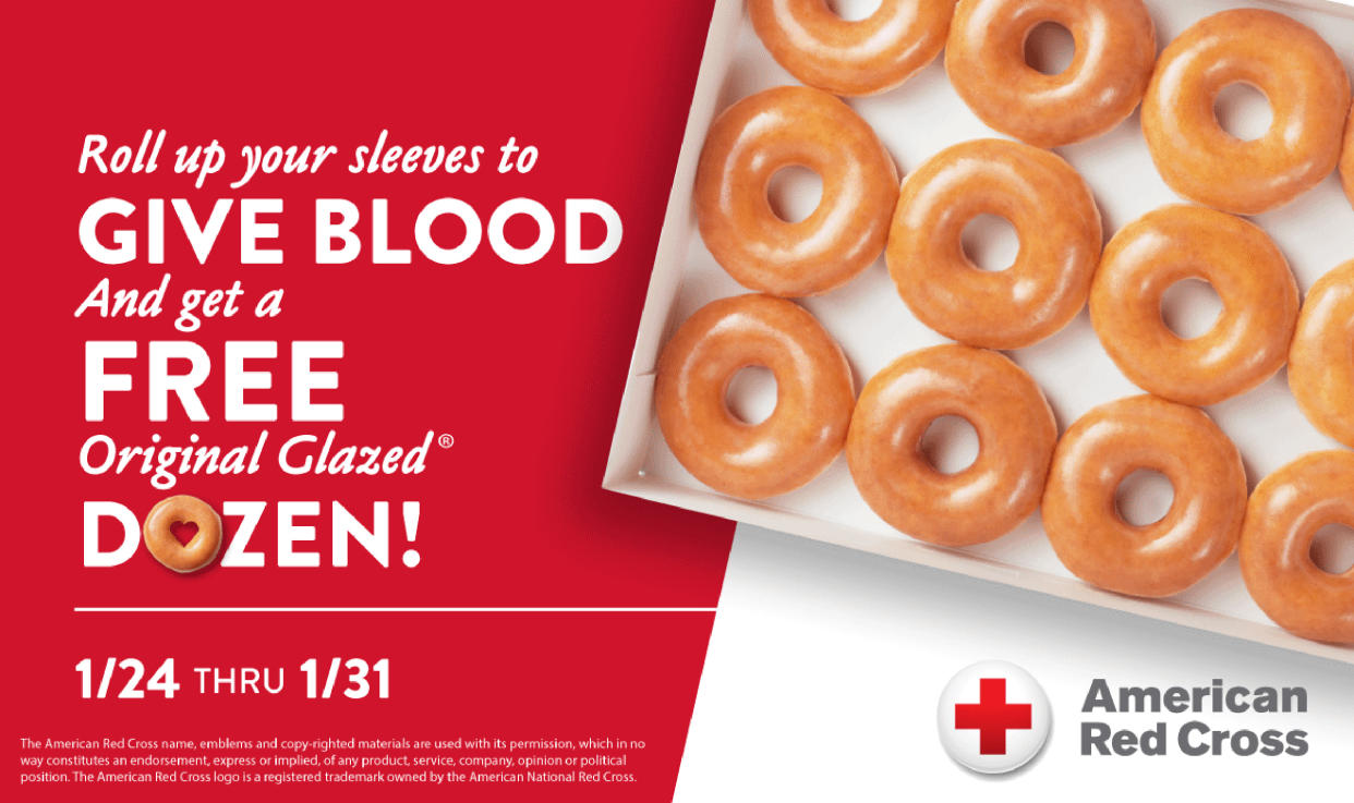 Krispy Kreme is giving blood donors a dozen free doughnuts to help combat a nationwide blood shortage. (Krispy Kreme)