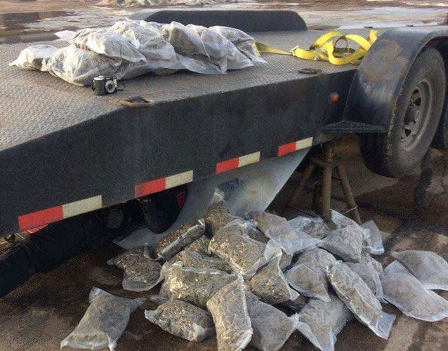 Police recovered more than 50kg from this trailer after bags began to spill out onto the highway. Source: Facebook/Nebraska State Patrol