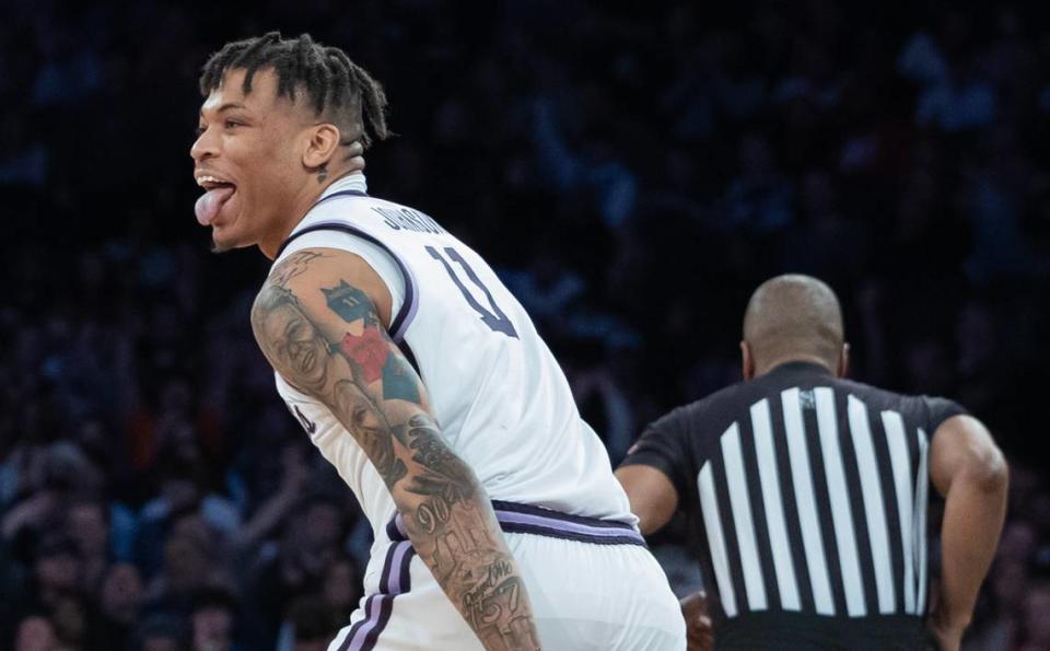 Kansas State’s Keyonta Johnson celebrates a three pointer during the second half of their east region final game against Florida Atlantic at Madison Square Garden on Saturday night.