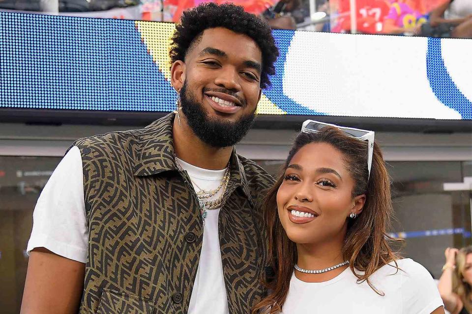 <p>Kevork Djansezian/Getty</p> Karl-Anthony Towns and Jordyn Woods