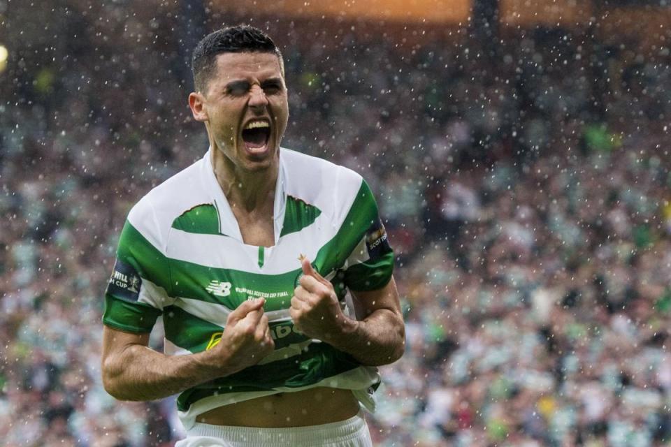 Tom Rogic celebrates after his iconic goal for Celtic against Aberdeen in the Scottish Cup Final. <i>(Image: SNS)</i>