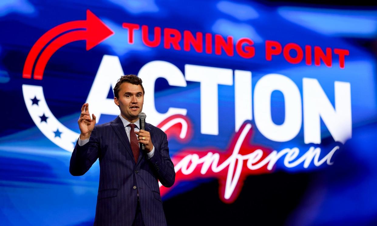 <span>Charlie Kirk speaks at the Turning Point Action conference in July 2023 in West Palm Beach, Florida.</span><span>Photograph: Joe Raedle/Getty Images</span>