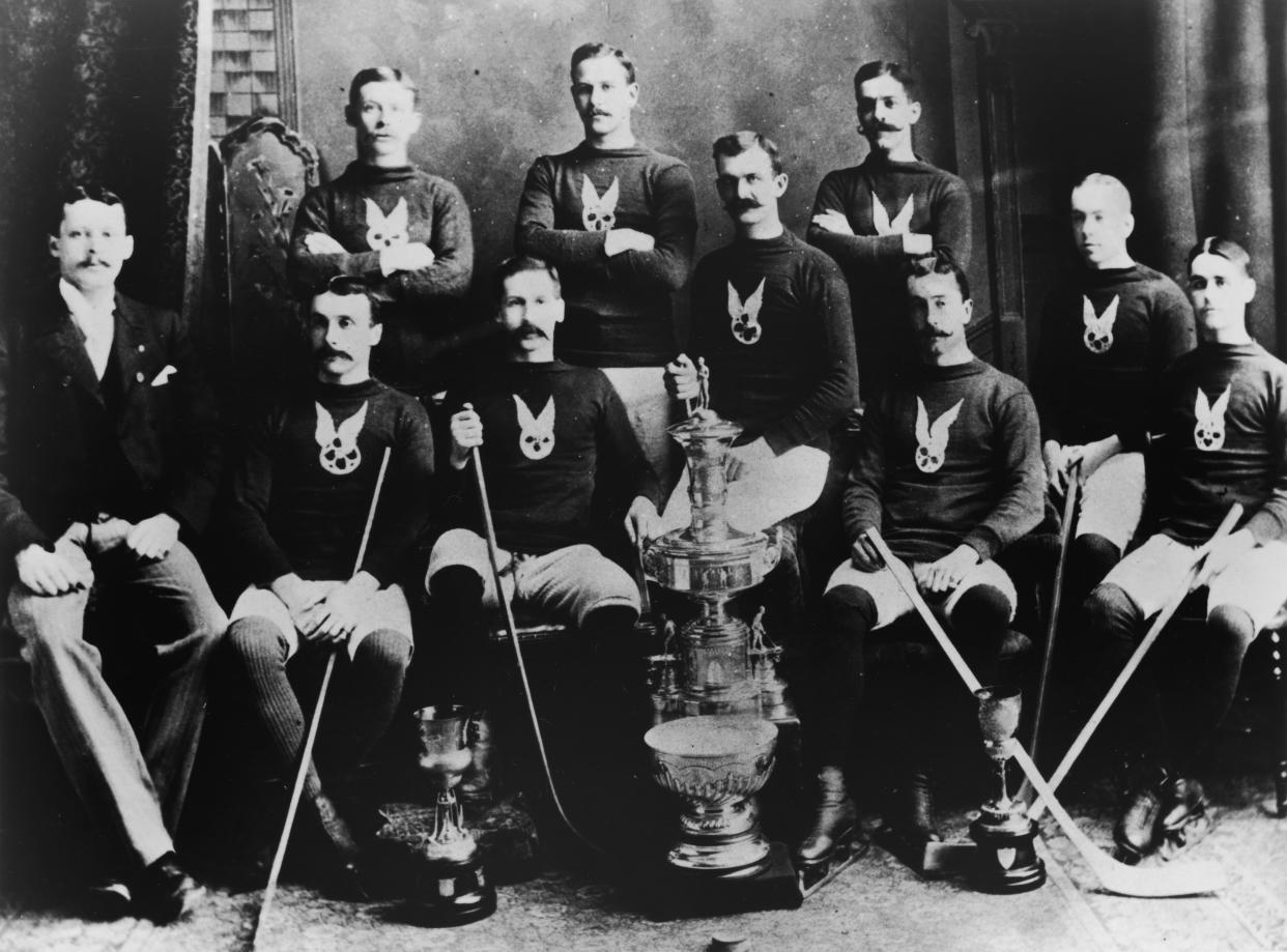 MONTREAL - 1893: The Montreal Amateur Athletic Association posing with the first Stanley Cup circa 1893 in Montreal, Quebec, Canada.  They would go on to win the Stanley Cup again in 1894, 1902 (March), and 1903 (February). (Photo by Bruce Bennett Studios via Getty Images Studios/Getty Images)