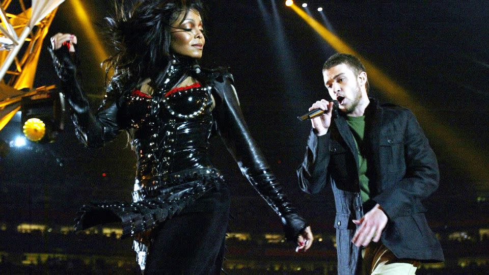 Janet Jackson and Justin Timberlake perform at halftime at the Super Bowl in 2004. - (Jeff Haynes/AFP/Getty Images)