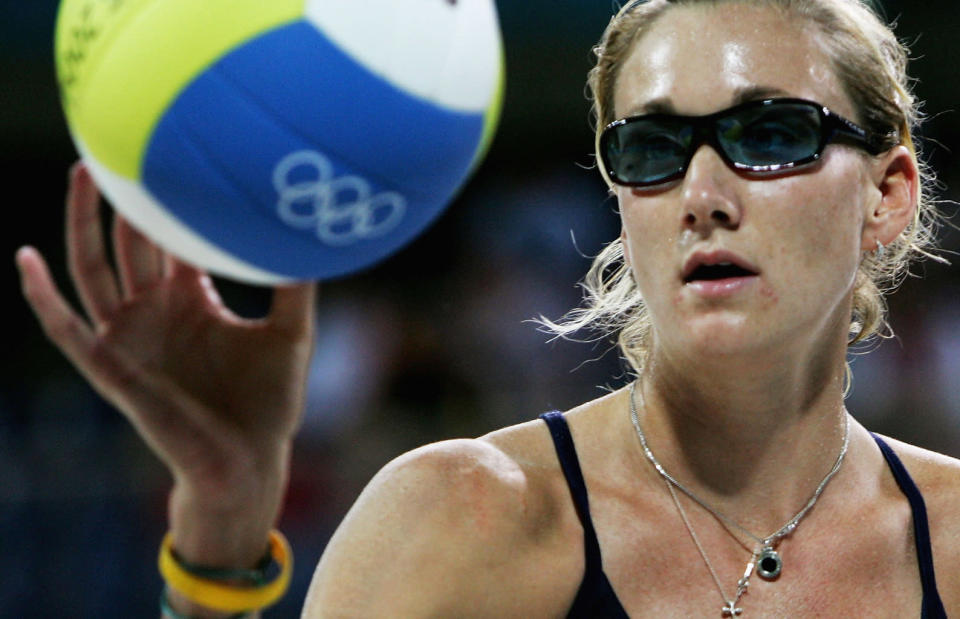 Kerry Walsh of the USA catches the ball during the women's preliminary match on August 17, 2004 during the Athens 2004 Summer Olympic Games at the Olympic Beach Volleyball Centre at the Faliro Coastal Zone Complex in Athens, Greece.