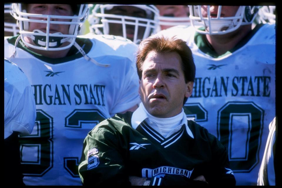 8 Nov 1997:  Head coach Nick Saban of the Michigan State Spartans looks on during a game against the Purdue Boilermakers at Ross Ade Stadium in Lafayette, Indiana.  Purdue won the game 22-21. Mandatory Credit: Jonathan Daniel  /Allsport