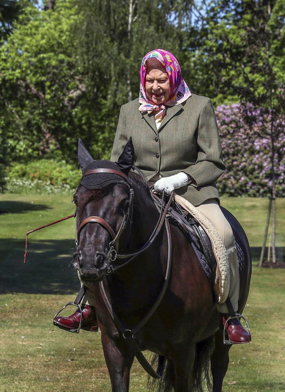 Queen Elizabeth II rides Balmoral Fern, her 14-year-old Fell pony, at Windsor Castle.