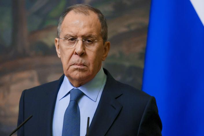 In this photo released by Russian Foreign Ministry Press Service, Russian Foreign Minister Sergey Lavrov speaks during a joint news conference with U.N. Secretary-General Antonio Guterres following their talks in Moscow, Russia, Tuesday, April 26, 2022. (Russian Foreign Ministry Press Service via AP)