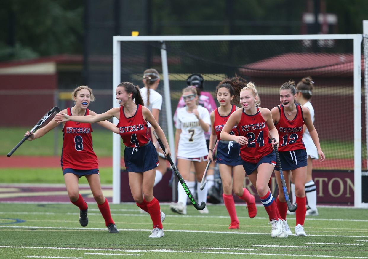 Ketcham's Mattie Betts celebrates her goal on Arlington during Thursday's game on September 28, 2023.