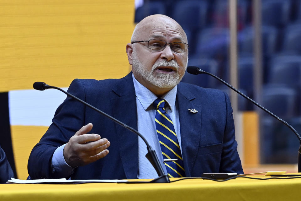 Former Nashville Predators head coach Barry Trotz speaks during a news conference Monday, Feb. 27, 2023, in Nashville, Tenn. Trotz will become the next general manager of the Nashville Predators in July when general manager David Poile retires. (AP Photo/Mark Zaleski)