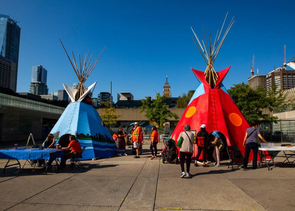 Teepees were set up at the 2023 Indigenous Legacy Gathering at Nathan Phillips Square as part of the National Day for Truth and Reconciliation. 