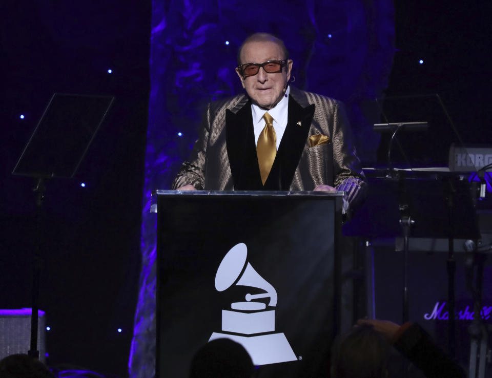 Clive Davis speaks on stage at the Pre-Grammy Gala And Salute To Industry Icons at the Beverly Hilton Hotel on Saturday, Jan. 25, 2020, in Beverly Hills, Calif. (Photo by Willy Sanjuan/Invision/AP)