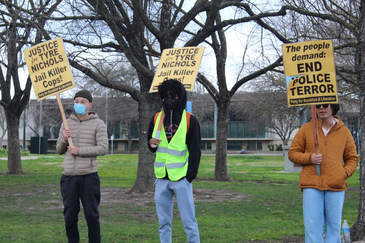 Protestors gathered at the Martin Luther King Plaza in downtown Stockton on Sunday, January 29, 2023 to demand justice in the death of 29-year-old Memphis resident Tyre Nichols.