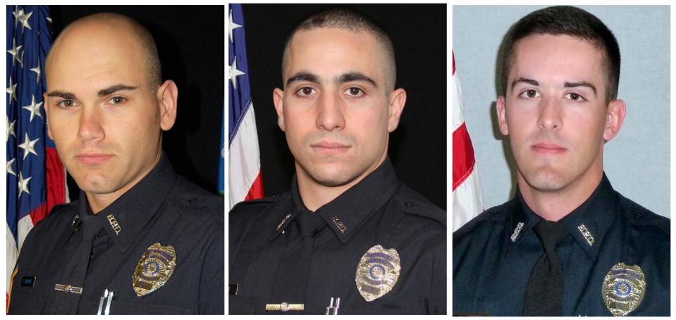 This combo of images provided by the Connecticut State Police, show, from left, Bristol, Conn. Police Department Sgt. Dustin Demonte, Officer Alex Hamzy and Officer Alec Iurato. Authorities said Thursday, Oct. 13, 2022, they believe that police officers Demonte and Hamzy, who were shot dead in Connecticut, had been drawn into an ambush by a 911 call about possible domestic violence. A third officer, Alec Iurato, was wounded but expected to recover.