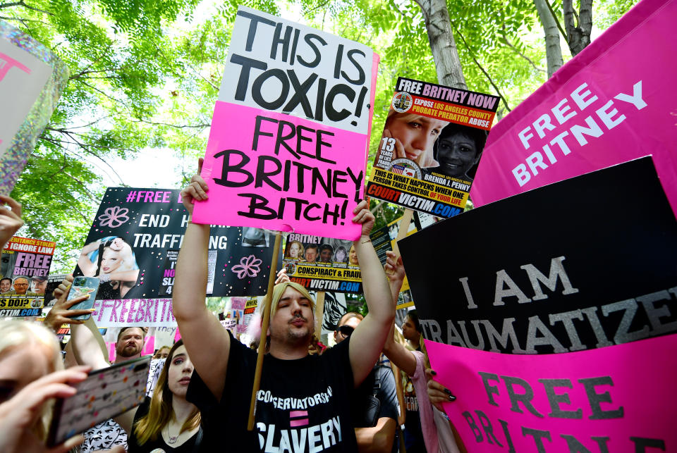 Protesters attend a #FreeBritney Rally at Stanley Mosk Courthouse on July 14, 2021 in Los Angeles, California. 