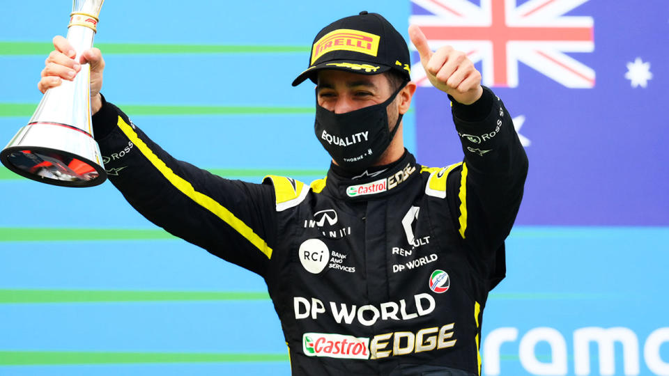 Daniel Ricciardo, pictured here celebrating his podium finish at the Eifel Grand Prix.