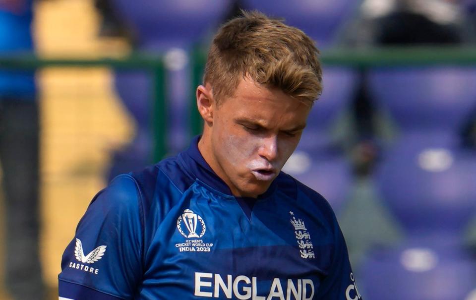 England's Sam Curran reacts after a delivery during the ICC Men's Cricket World Cup match between Afghanistan and England