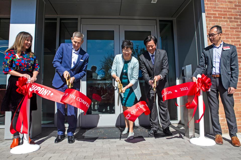 From left, Sophia Li, DPAG co-chair, Randy Stone, Mobility & Materials President, Monona Yin, daughter of Theodore Yin, Duncan Yin, son of Theodore Yin, and Arnold Wong, DPAG co-chair, cut the ribbon in front of the Theodore P. Yin Conference Center during the DuPont dedication event held at Innovation Center's Lavoisier Theatre in Wilmington, Thursday, Sept. 29, 2022.