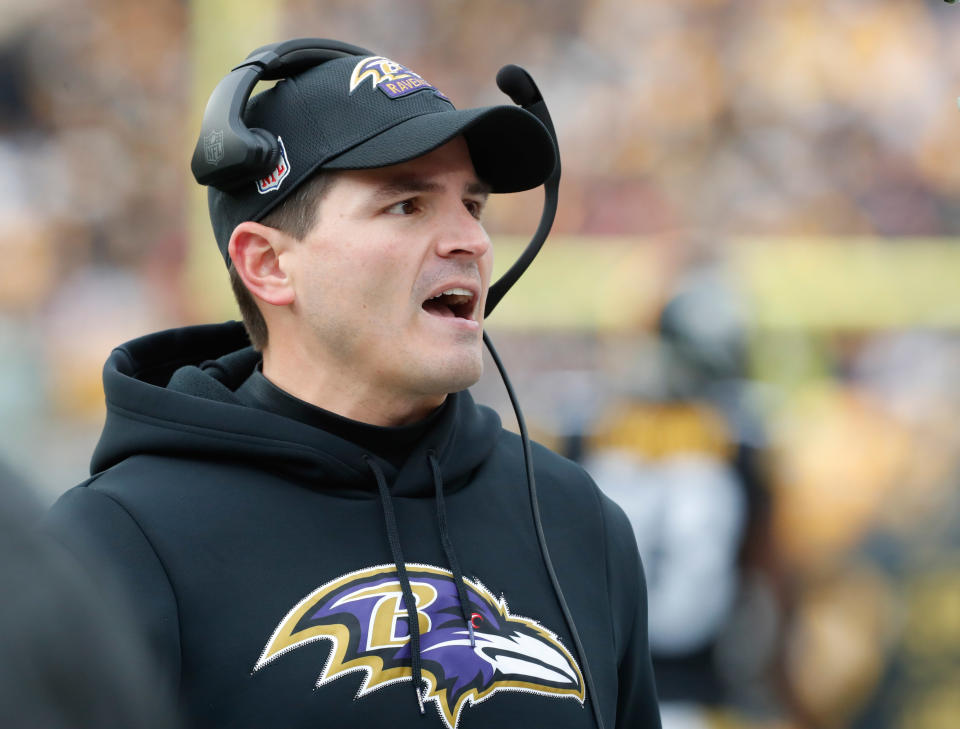 Dec 11, 2022; Pittsburgh, Pennsylvania, USA; Baltimore Ravens defensive coordinator Mike Macdonald reacts on the sidelines against the <a class="link " href="https://sports.yahoo.com/nfl/teams/pittsburgh/" data-i13n="sec:content-canvas;subsec:anchor_text;elm:context_link" data-ylk="slk:Pittsburgh Steelers;sec:content-canvas;subsec:anchor_text;elm:context_link;itc:0">Pittsburgh Steelers</a> during the second quarter at Acrisure Stadium. Mandatory Credit: Charles LeClaire-USA TODAY Sports