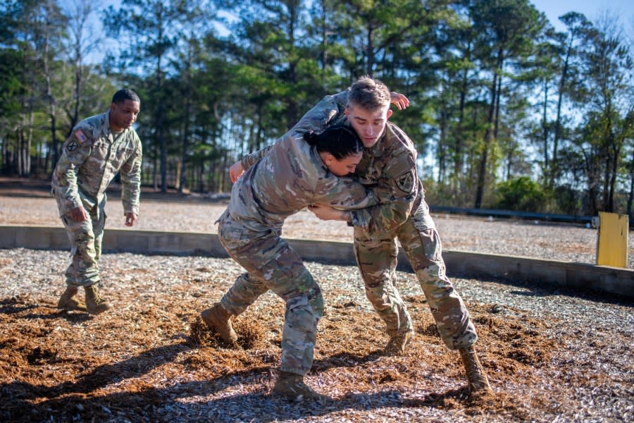Sgt. Hunter James demonstrates fighting techniques which will be used in the Lacerda Cup. (U.S. Army photo/Patrick A. Albright)
