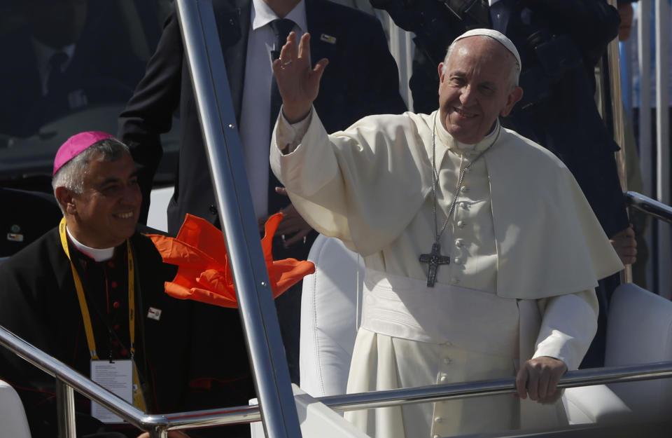 Pope Francis arriving to celebrate mass on Lobito Beach in Iquique, Chile, yesterday (AP Photo/Juan Karita)