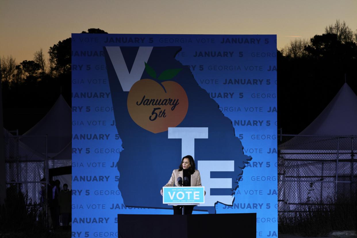 <p>Vice President-elect Kamala Harris speaks during a drive-in rally at Garden City Stadium on January 03, 2021 in Savannah, Georgia</p> (Getty Images)