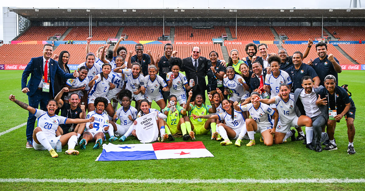  Panama Women's World Cup 2023 squad: Panama pose for a phot after qualifying for the 2023 FIFA Women's World Cup during the 2023 FIFA World Cup Play Off Tournament match between Paraguay and Panama at Waikato Stadium on February 23, 2023 in Hamilton, New Zealand. 