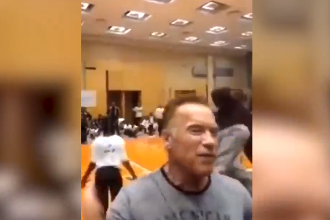 Shocking moment Arnold Schwarzenegger is drop-kicked from behind while posing for selfies at public event