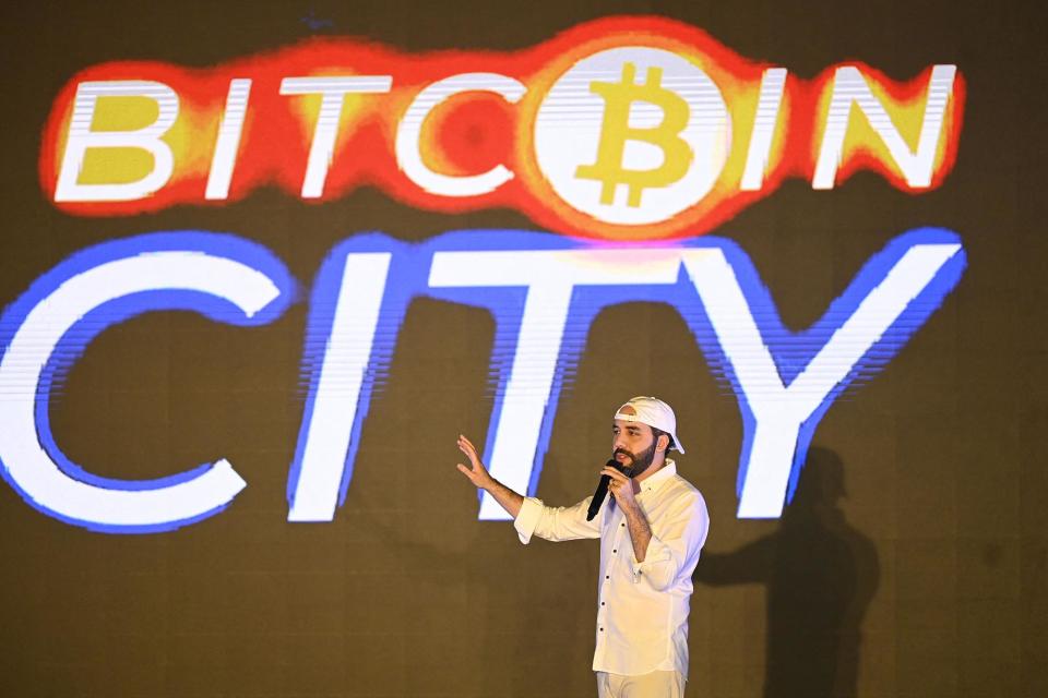 President Nayib Bukele at the Latin Bitcoin Conference in November 2021, two months after he made bitcoin an official currency of El Salvador - Credit: Marvin Recinos/AFP/Getty Images