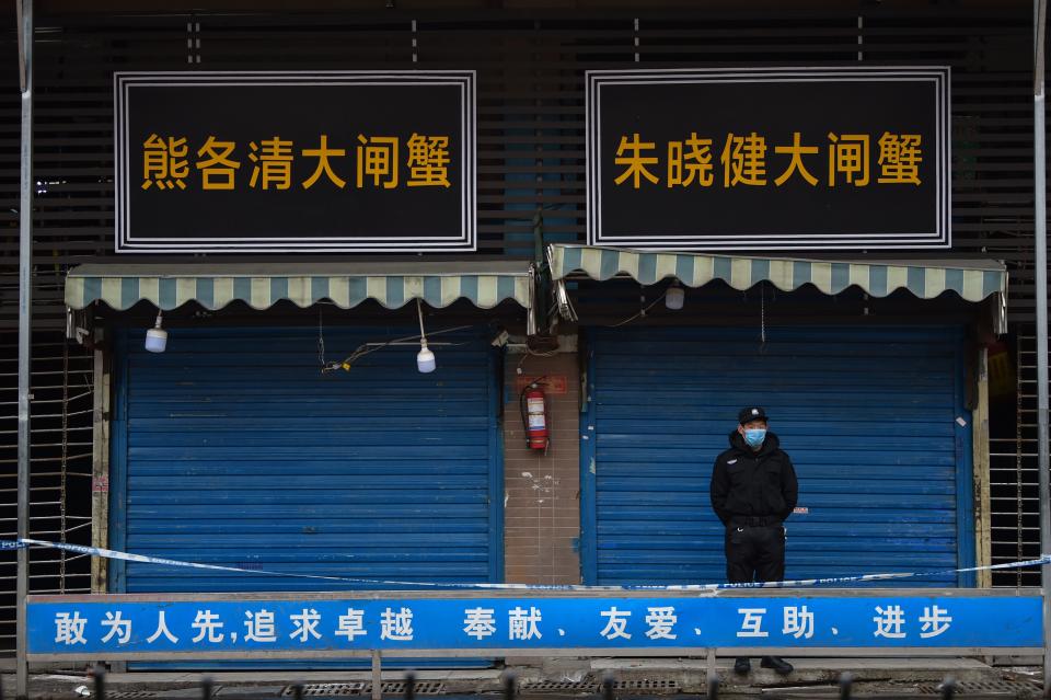 A security guard wearing a surgical mask stands outside the closed Huanan Seafood Wholesale Market in Wuhan.