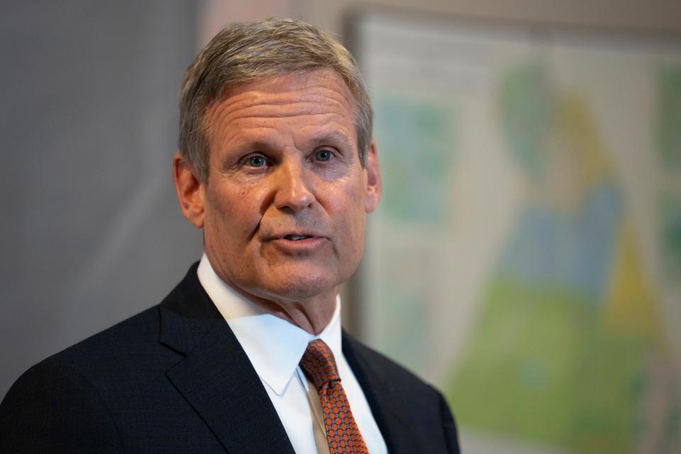 Gov. Bill Lee responds to questions during a news conference Tuesday, April 11, 2023, in Nashville, Tenn. Lee held the news conference to talk about gun control legislation and an executive order to require information for background checks on gun purchases to be updated more rapidly. (AP Photo/George Walker IV)